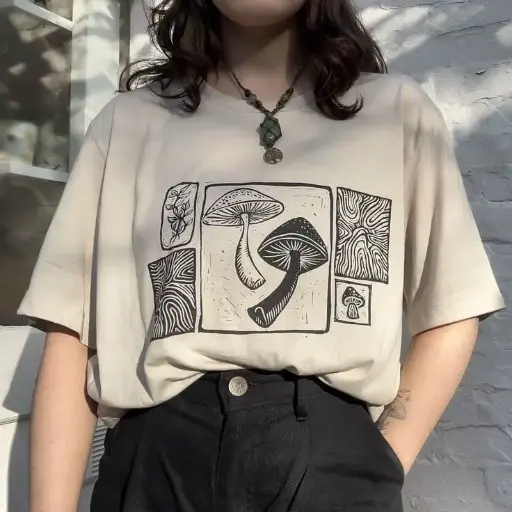 Custom Print T-Shirt -Beige-Premium Cotton- Women ( Mash-Room)